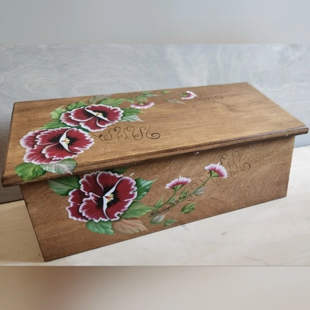 Divided Hand-Painted Wooden Box with Floral Design, Tea/herbs/office/seeds‎ Etc